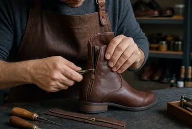 Profissional consertando zíper de bota em Sumaré.