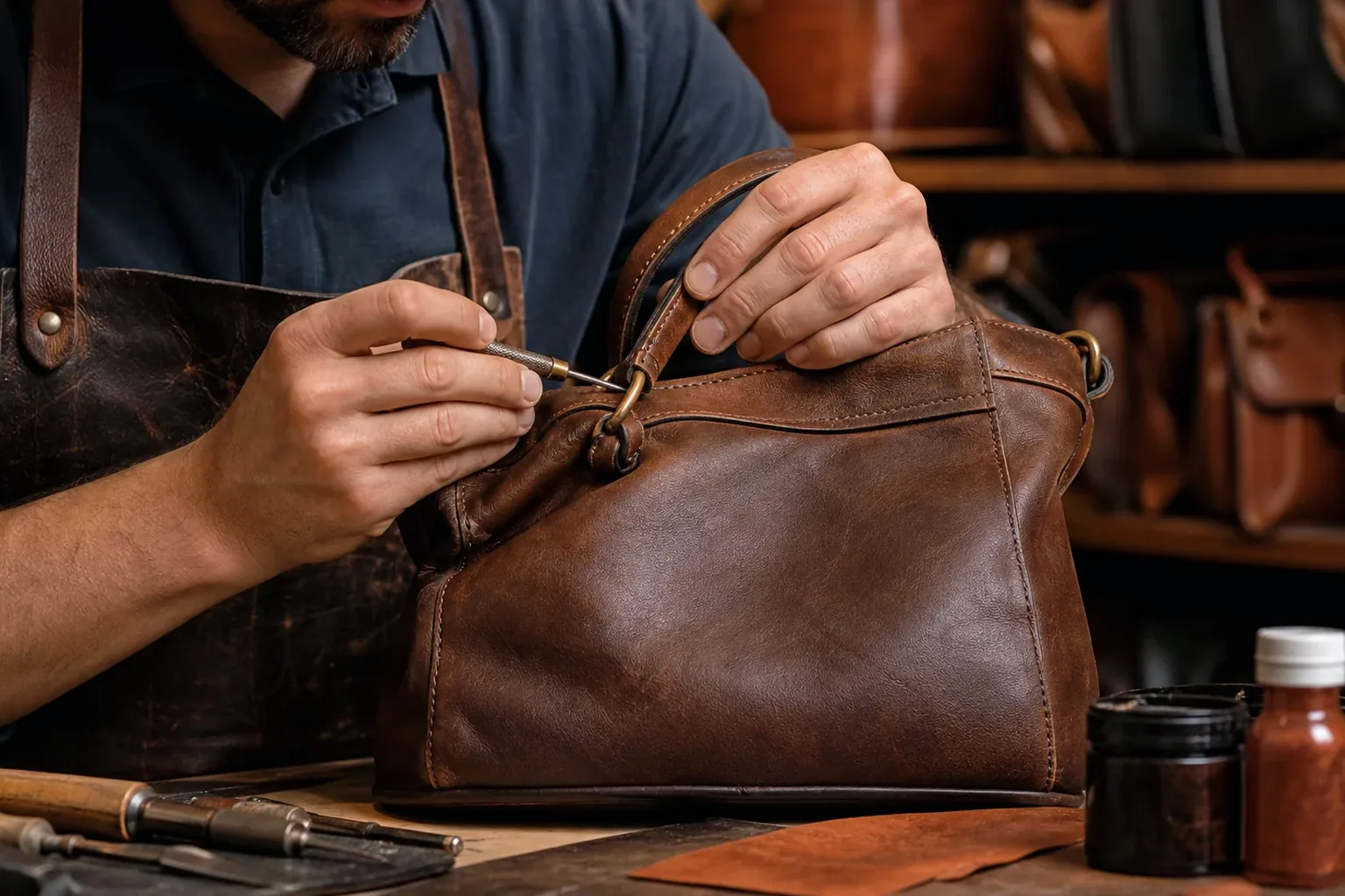 Profissional reformando bolsa de couro em Sumaré.